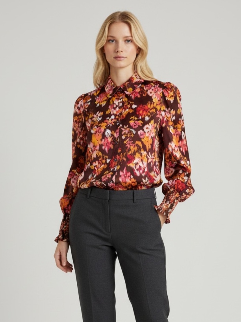 entro Brown Burgundy Floral Button-Down Blouse with Pink & Yellow Accents